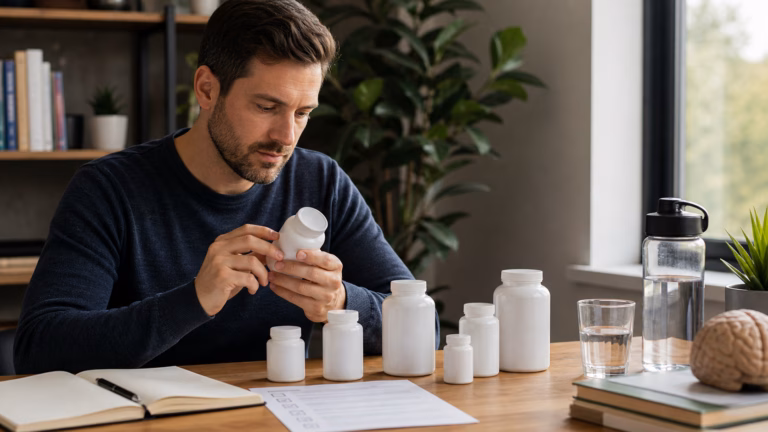 Adult organizing unbranded supplement bottles with an ingredient checklist, water, and a notebook