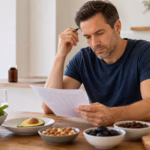 Homme examinant des aliments riches en minéraux tels que l'avocat, les noix, les haricots, les pruneaux et les légumes à feuilles vertes