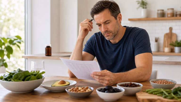 Boron for Men: Testosterone Claims, Bone Health, and Safety Homme examinant des aliments riches en minéraux tels que l'avocat, les noix, les haricots, les pruneaux et les légumes à feuilles vertes