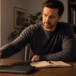 Man reviewing coffee timing, water intake, and a sleep journal while managing caffeine use