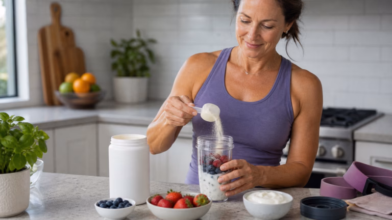 Un adulte de plus de 40 ans préparant un smoothie riche en protéines avec des baies, du yaourt et un récipient de collagène sans marque