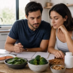 Un couple examine un plan de bien-être en fertilité comprenant du poisson, des épinards, du brocoli, des noix et un supplément neutre de CoQ10