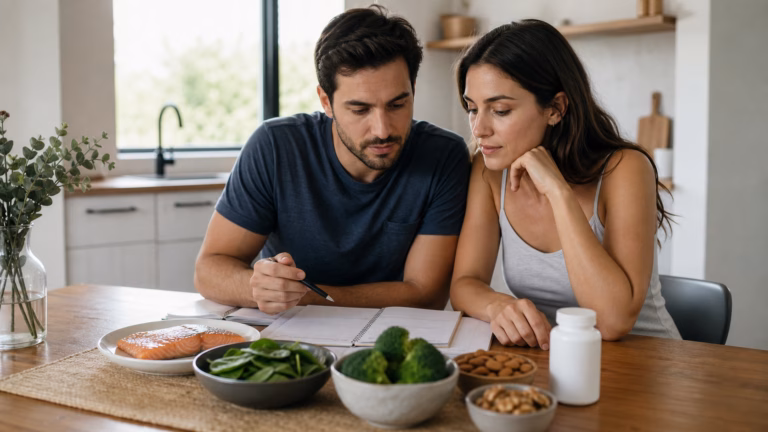 Un couple examine un plan de bien-être en fertilité comprenant du poisson, des épinards, du brocoli, des noix et un supplément neutre de CoQ10