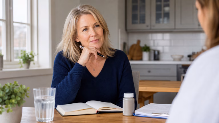 DHEA pour les femmes : libido, ménopause et sécurité hormonale Femme consultant un journal de santé hormonale avec un verre d'eau et un flacon de complément neutre avant un échange clinique