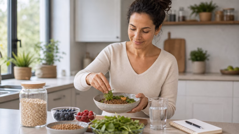 Woman preparing a high-fiber meal with lentils, oats, berries, greens, and water
