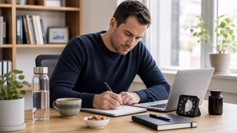 Adult working at a clean desk with water, tea, a notebook, timer, and an unbranded supplement bottle