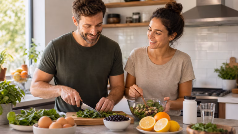 Couple preparing folate-rich foods such as leafy greens, beans, citrus, and eggs for fertility support