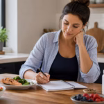 Adult planning a balanced appetite-supporting meal with vegetables, protein, water, and an unbranded supplement bottle