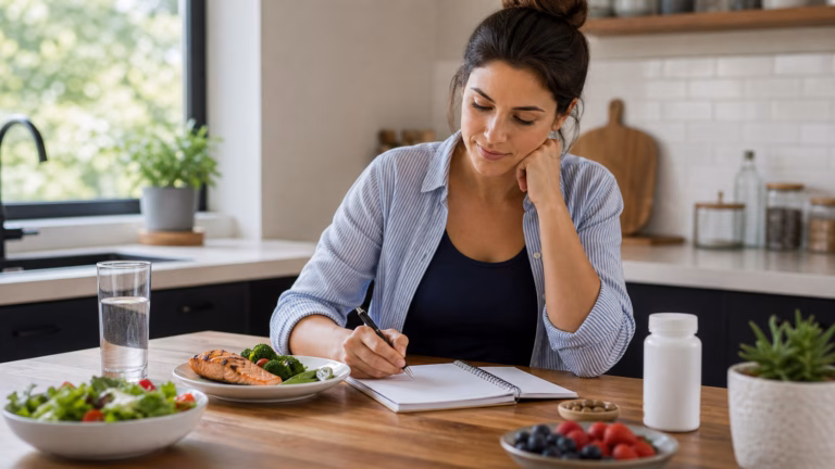 GLP-1 Weight Loss: Supplements, Appetite, and What Not to Confuse 1 Adult planning a balanced appetite-supporting meal with vegetables, protein, water, and an unbranded supplement bottle