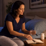 Adult using a calm evening sleep routine with water, cooling bedding, and a neutral supplement bottle
