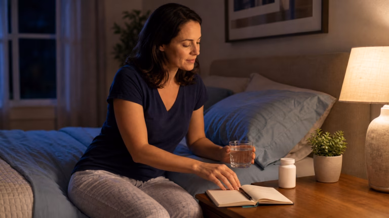 Adult using a calm evening sleep routine with water, cooling bedding, and a neutral supplement bottle