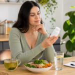 Femme comparant du thé vert infusé, une alimentation équilibrée, de l'eau et un flacon de complément neutre pour la sécurité de la perte de poids