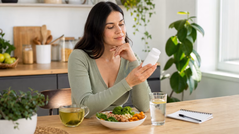 Extrait de thé vert pour la perte de poids : bienfaits, risques et sécurité hépatique Femme comparant du thé vert infusé, une alimentation équilibrée, de l'eau et un flacon de complément neutre pour la sécurité de la perte de poids