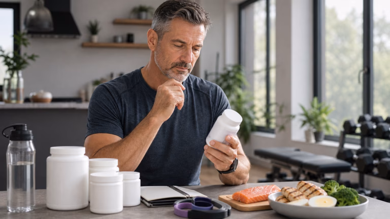 Adult over 40 reviewing healthy aging habits with resistance bands, water, protein-rich food, and neutral supplement bottles
