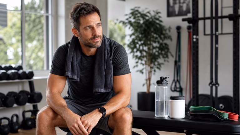 L-Citrulline pour la circulation sanguine : exercice, érections et sécurité Homme après un entraînement avec de l'eau, des bandes de résistance et un contenant neutre de complément alimentaire pour le soutien de la circulation sanguine