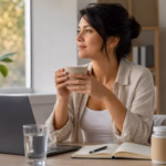 Adulte prenant une pause calme au bureau avec du thé vert, de l'eau, un cahier et une bouteille de complément neutre