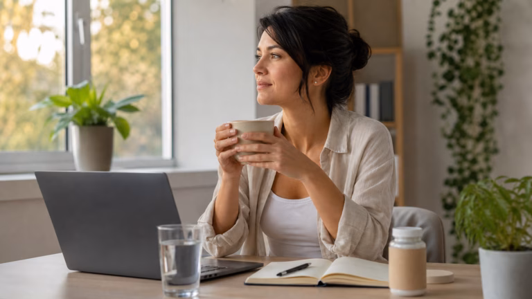Adulte prenant une pause calme au bureau avec du thé vert, de l'eau, un cahier et une bouteille de complément neutre