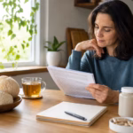 Adulte examinant des champignons crinière de lion, du thé et un flacon de supplément neutre tout en lisant des informations sur la santé cérébrale