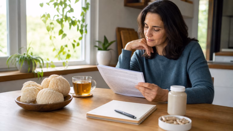 Adulte examinant des champignons crinière de lion, du thé et un flacon de supplément neutre tout en lisant des informations sur la santé cérébrale