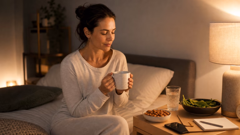 Woman holding a warm drink beside magnesium-rich foods during a calm bedtime routine