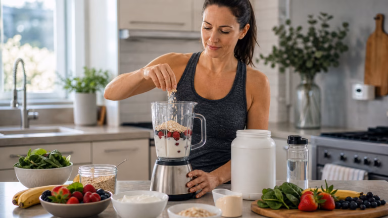 Adult blending a meal replacement shake with yogurt, berries, oats, protein powder, and water