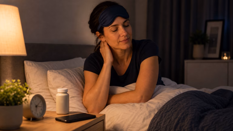 Woman preparing for sleep with a sleep mask, water, and a neutral melatonin supplement bottle
