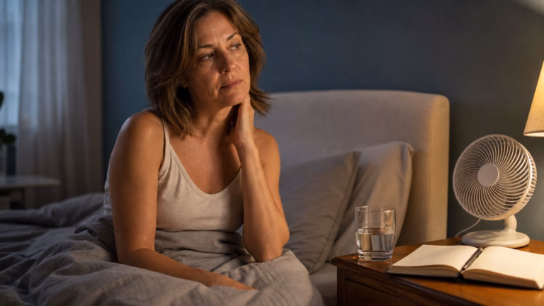 Problèmes de sommeil liés à la ménopause : hormones, bouffées de chaleur et meilleur repos Femme d'âge moyen gérant les bouffées de chaleur et les problèmes de sommeil avec de l'eau, un ventilateur et un journal du sommeil