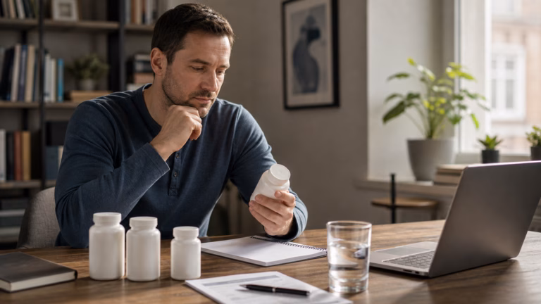 Adult comparing unbranded nootropic supplement bottles with a notebook, water, and a laptop turned away