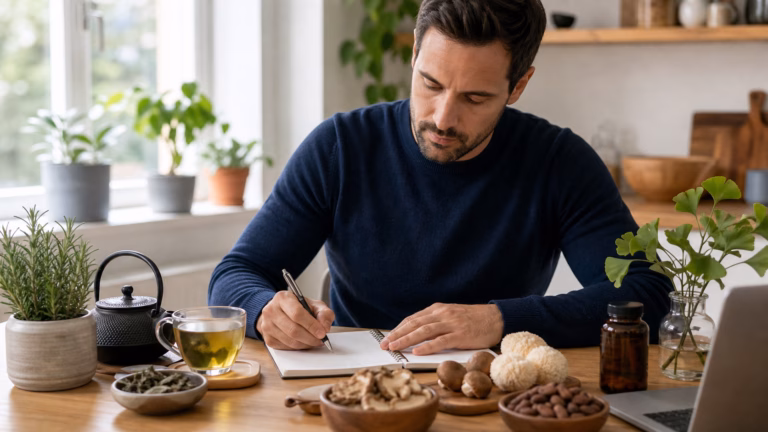 Adult reviewing botanical brain health ingredients such as green tea, rosemary, cocoa, mushrooms, and a neutral supplement bottle
