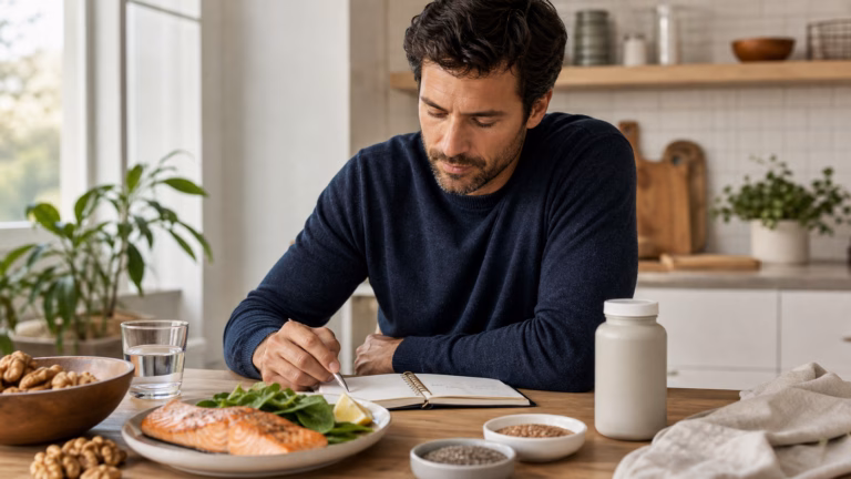 Man planning an omega-3 rich meal with salmon, walnuts, chia seeds, and a supplement bottle