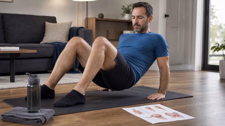Pelvic Floor Exercises for Men: ED, Urinary Control, and Consistency 1 Man doing a private home exercise routine on a yoga mat with water and physiotherapy notes nearby