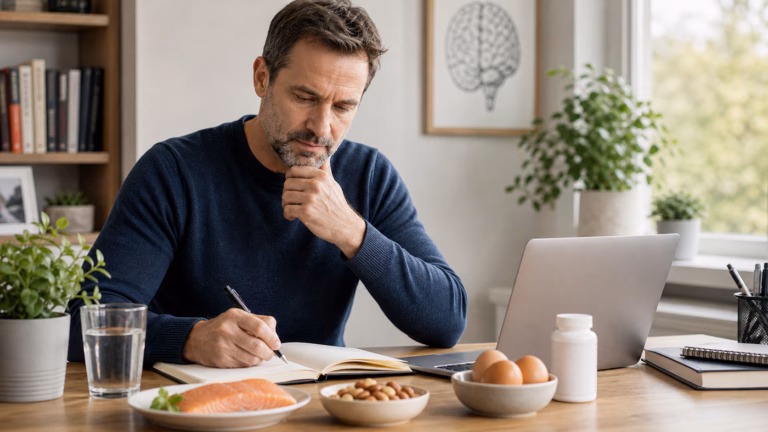 Adult reviewing memory and focus goals at a desk with brain-health foods and a neutral supplement bottle