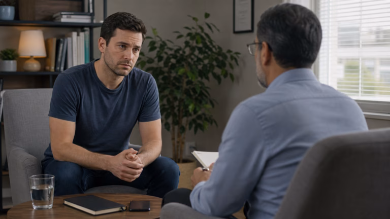 Man in a private counseling setting with a notebook and phone face down discussing anxiety and recovery habits