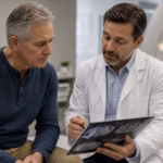 Older man reviewing a generic imaging folder with a doctor after a high PSA result