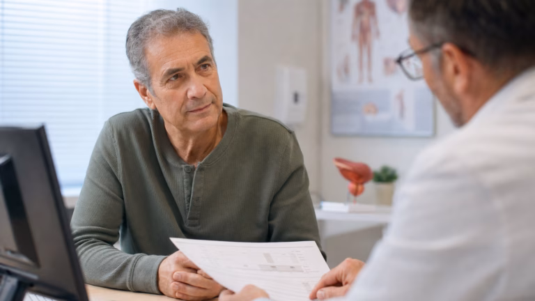 Man discussing a PSA test report with a doctor in a clinic