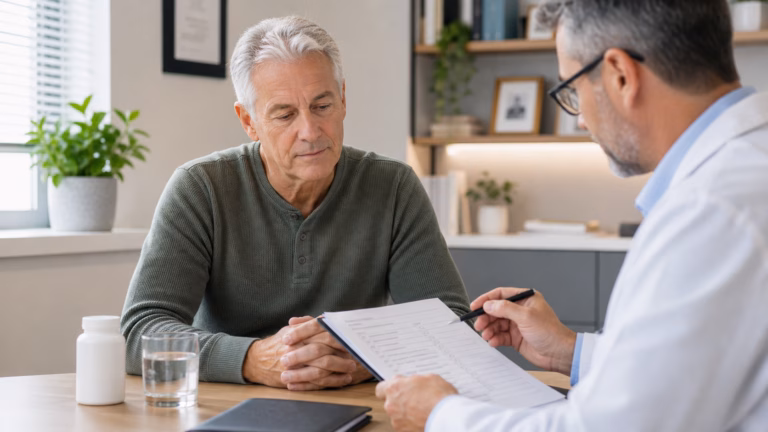 Un homme âgé examine des notes sur la santé de la prostate et les symptômes urinaires, avec de l'eau et un flacon de complément neutre.