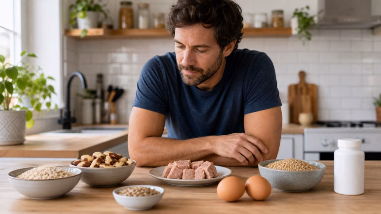 Le sélénium pour les hommes : thyroïde, fertilité et limites de sécurité 2 Un homme examinant des aliments riches en sélénium, notamment les noix du Brésil, les œufs, le thon et les céréales complètes