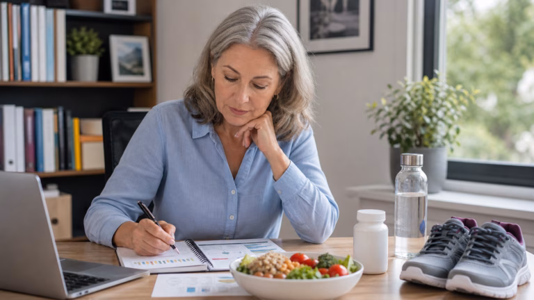Adult over 50 reviewing healthy aging research notes with water, walking shoes, and a neutral supplement bottle