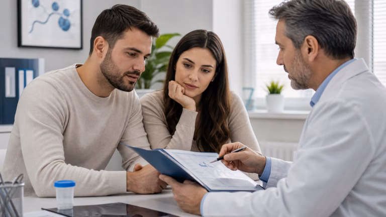 Couple reviewing a generic fertility lab results folder with a clinician in a private consultation