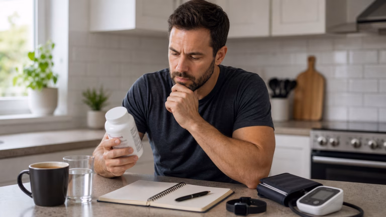 Adult reviewing coffee, water, a neutral supplement bottle, and a blood pressure cuff for stimulant safety