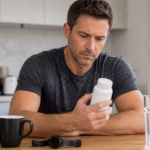 Un adulte examinant du café, de l'eau, un flacon de complément neutre et un tensiomètre pour la sécurité des stimulants