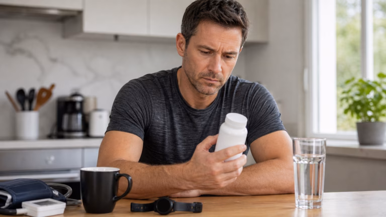 Thermogenic Supplements: Caffeine, Yohimbine, and Safety Red Flags 2 Un adulte examinant du café, de l'eau, un flacon de complément neutre et un tensiomètre pour la sécurité des stimulants