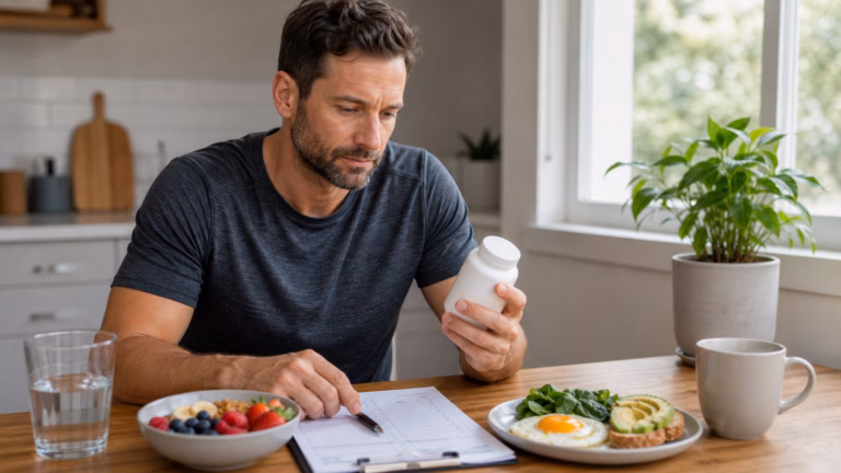 Tongkat Ali pour la testostérone : preuves, qualité des doses et risques Un homme examine un supplément de Tongkat Ali sans marque accompagné d’aliments sains et d’une liste de contrôle de qualité des suppléments