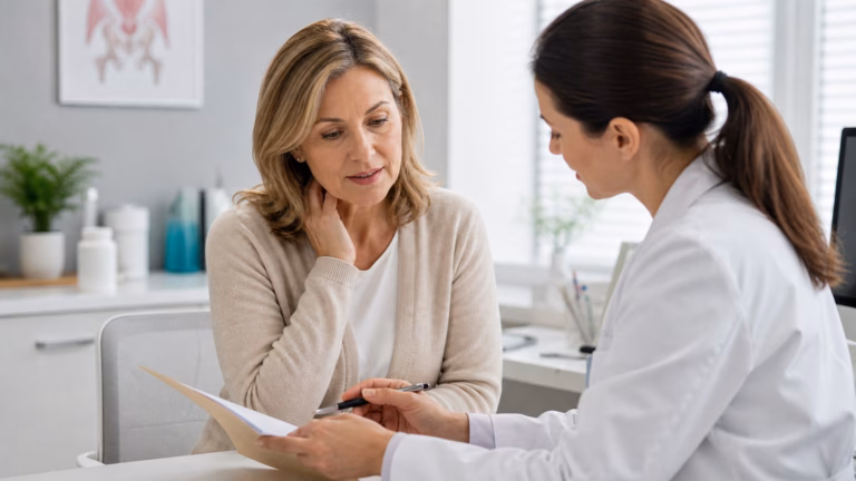 Middle-aged woman discussing menopause-related symptoms with a clinician in a respectful consultation