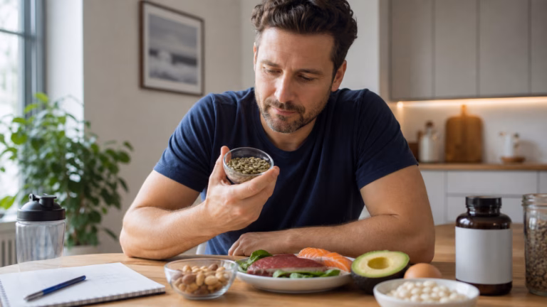 Man reviewing zinc-rich foods and supplement safety at a kitchen table
